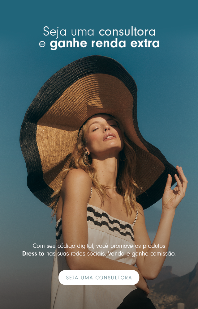 Uma modelo mulher usando uma combinação de kimono e vestido estampados com listra na mesma patronagem e outra modelo mulher usando um vestido estampado com top laranja e saia listrada colorida. No bannner está escrito seja uma consultora Dress to e ganhe renda extra, com seu código digital, você promovem os produtos Dress to em suas redes sociais. Seja uma consultora!
